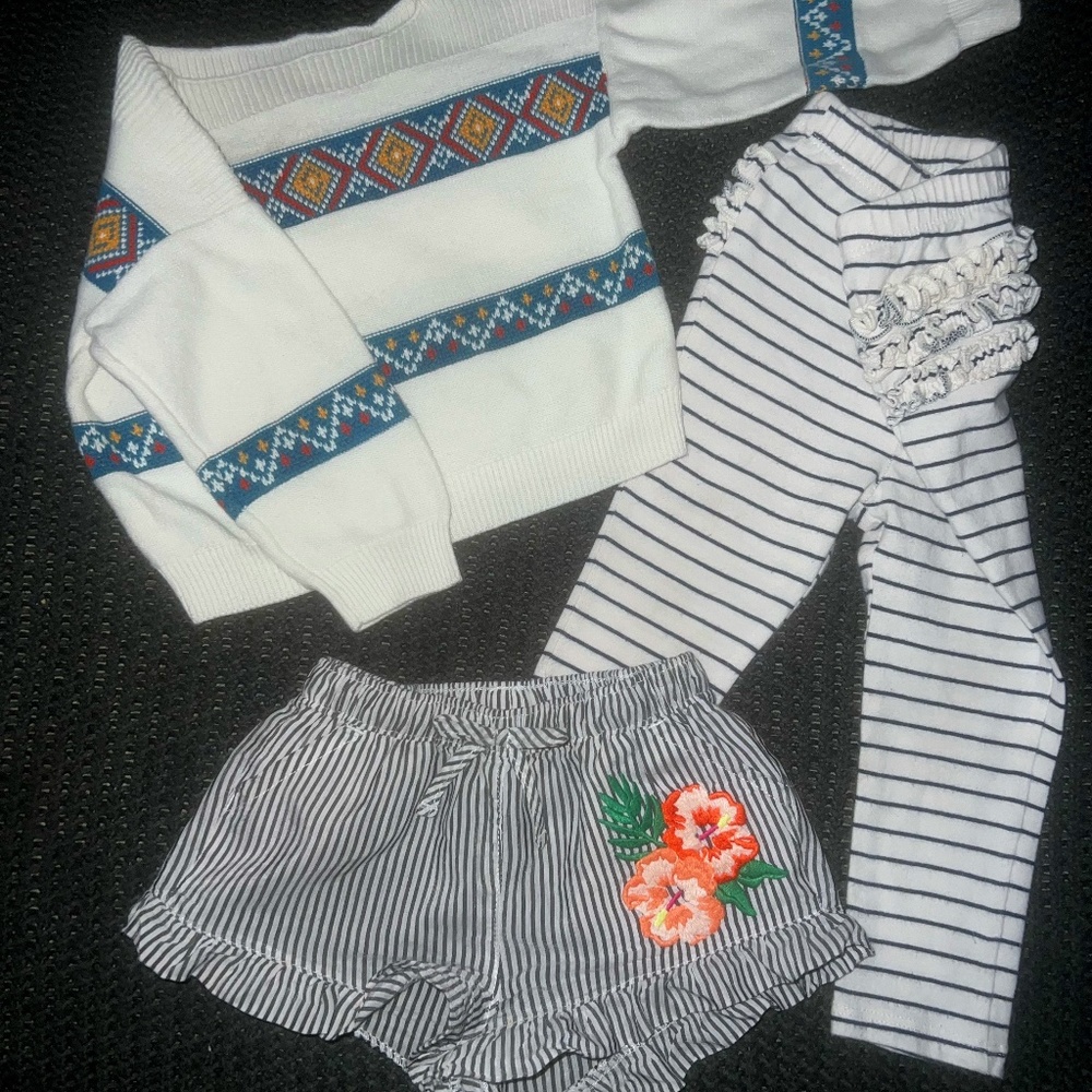 Girls outfit bundle, sweater (tribal) striped shorts and leggings- 12 months